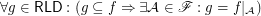 $ \forall g \in \mathsf{\tmop{RLD}} : (g \subseteq f \Rightarrow \exists \mathcal{A \in \mathscr{F}} : g = f|_{\mathcal{A}}) $
