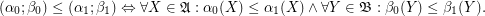 $$(\alpha_0;\beta_0)\le (\alpha_1;\beta_1) \Leftrightarrow \forall X\in\mathfrak{A}: \alpha_0(X)\le\alpha_1(X) \land \forall Y\in\mathfrak{B}: \beta_0(Y)\le\beta_1(Y).$$